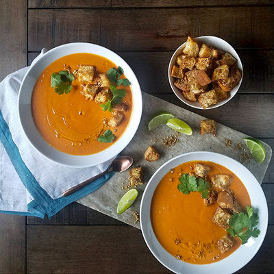 Curried Coconut Tomato Soup with Dukkah Croutons