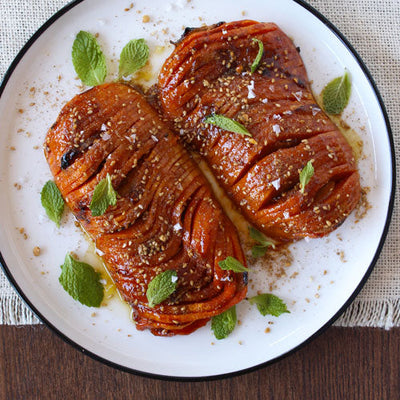 Glazed Hasselback Squash with Dukkah & Preserved Lemon