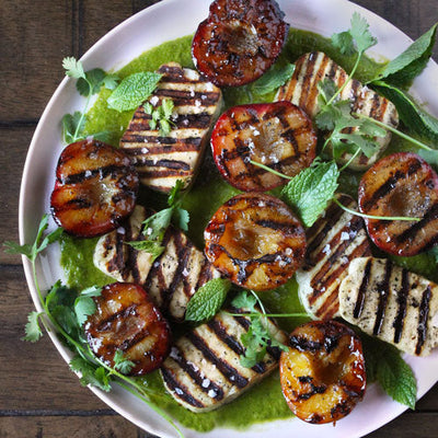 Grilled Halloumi & Plums with Herb Chutney