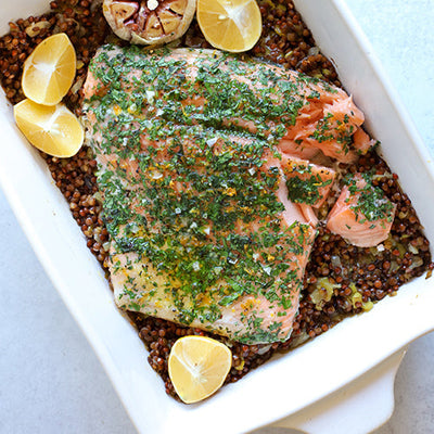 Herby, Slow-Roasted Salmon with Lentils & Leeks