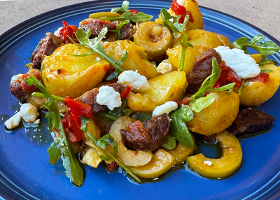 Potato Salad with Spanish Chorizo, Olives and Arugula