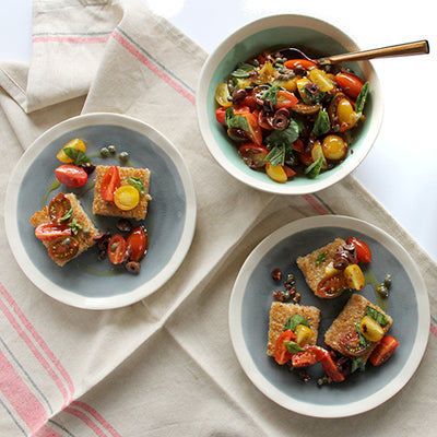 Crispy Farro Polenta with Fresh Puttanesca Sauce