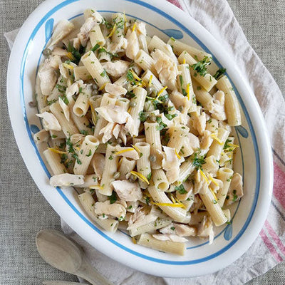 Organic Saragolla Rigatoncini with Grilled Branzino & Capers