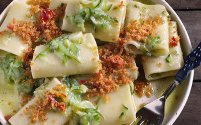 Pasta with Zucchini, Anchovies & Hot Pepper Breadcrumbs