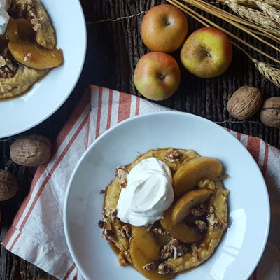Pumpkin Polenta Budino with Caramelized Apples & Walnuts