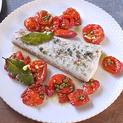 Roasted Halibut with Tomatoes, Capers & Herbs