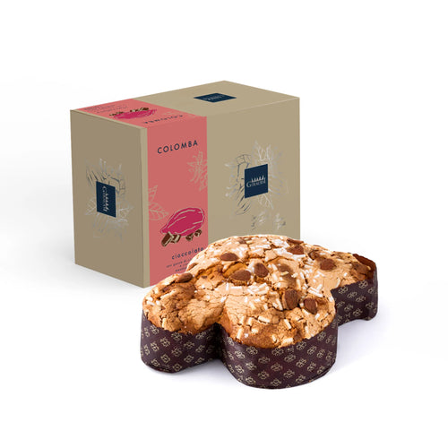 Giraudi chocolate colomba cake in front of the box it arrives in