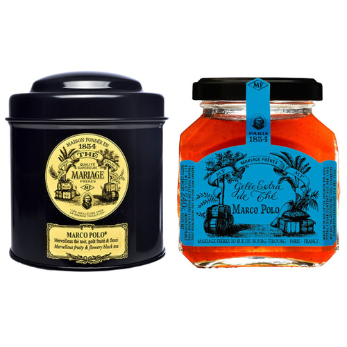 A cannister of Marco Polo tea with a jar of Marco Polo tea jelly