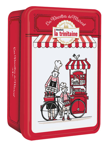 La Trinitaine Assorted French Butter Cookie Gift Tin decorated with a father and son selling cookies from their cookie stand