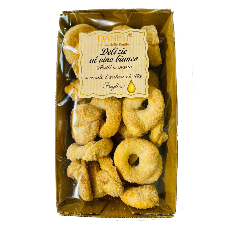 Danieli white wine taralli cookies in its packaging on a white background