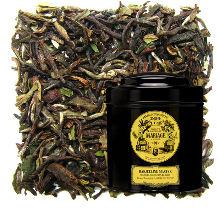 Tin of Mariage Freres Darjeeling Master behind loose leaf tea