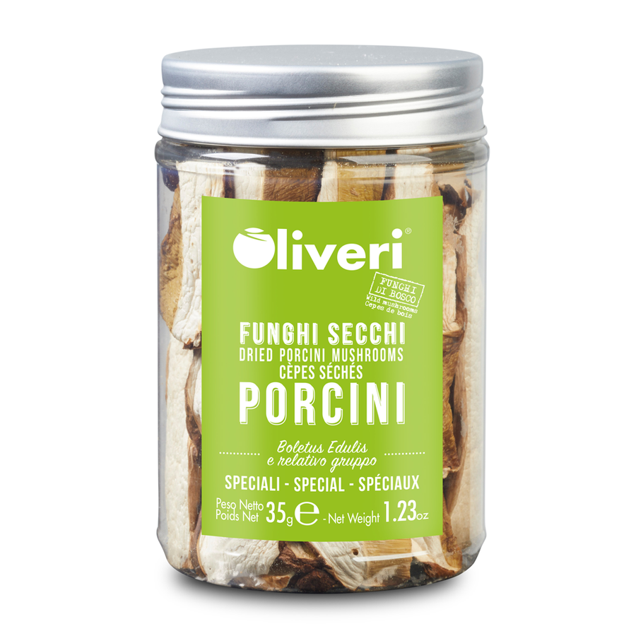 Jar of dried porcini mushrooms with Oliveri label on a white background