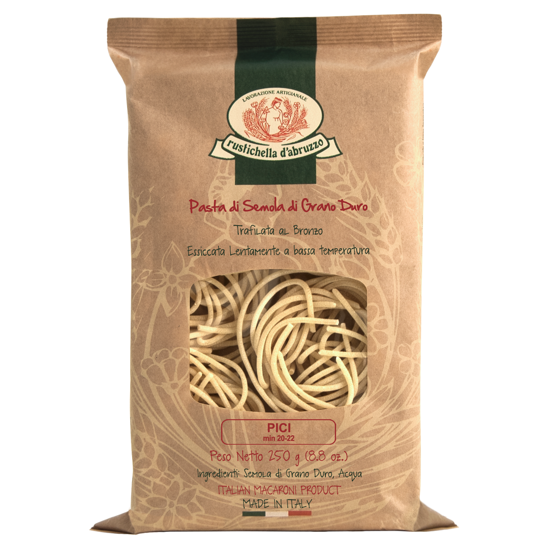 Pasta package with 'Rustichella d'Abruzzo' branding on a white background