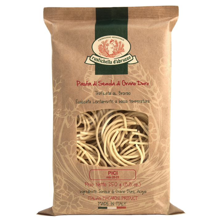 Pasta package with 'Rustichella d'Abruzzo' branding on a white background