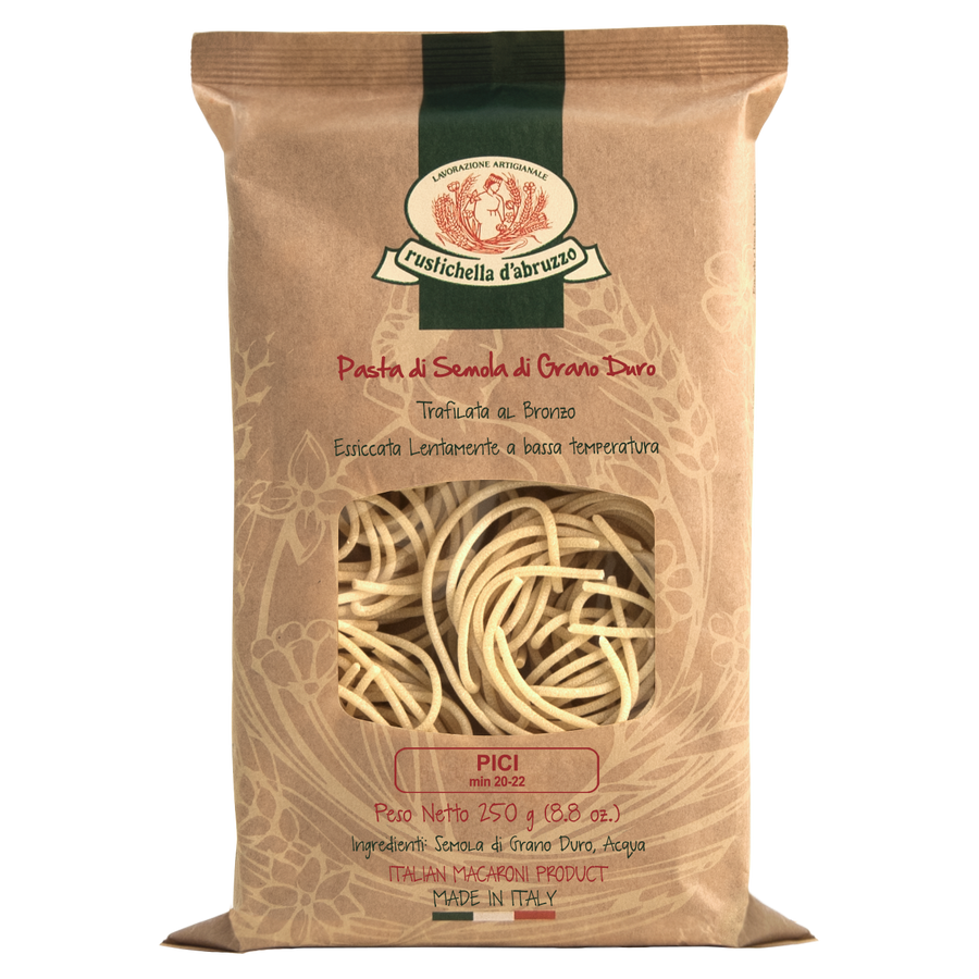 Pasta package with 'Rustichella d'Abruzzo' branding on a white background