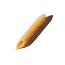 Close up of Tirrena Penne Rigate pasta against a white background