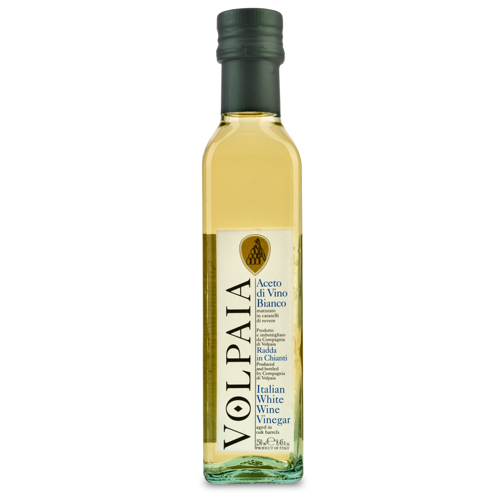 250 ml bottle of Volpaia Italian White Wine Vinegar on a white background
