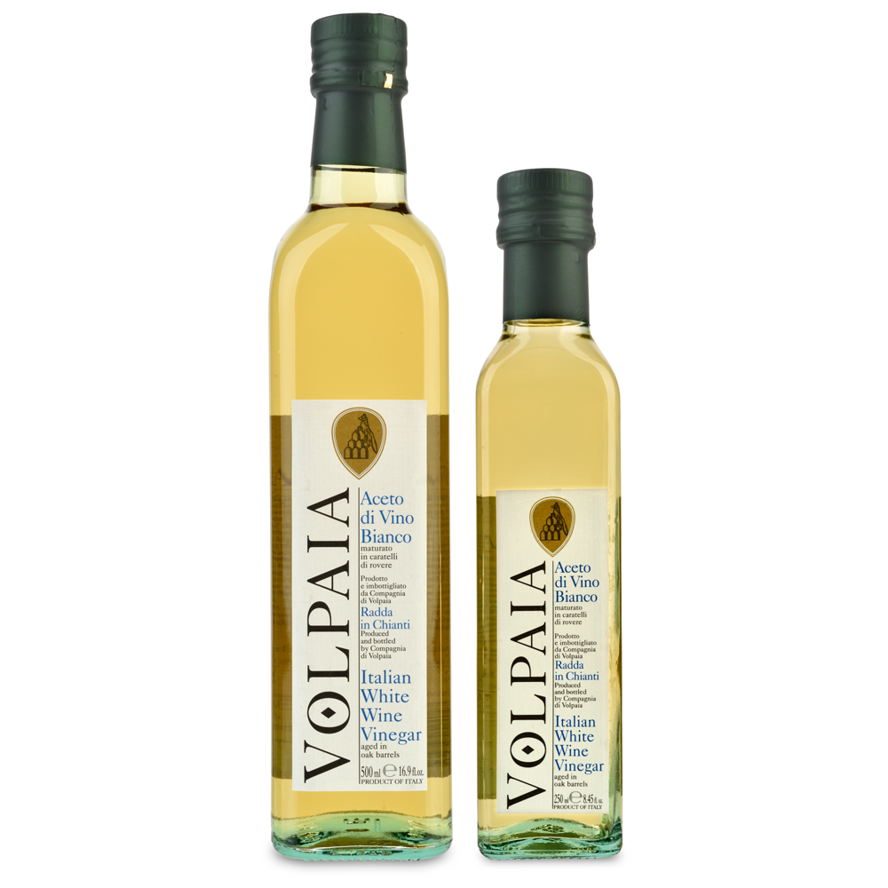 Two bottles of Volpaia Italian White Wine Vinegar on a white background