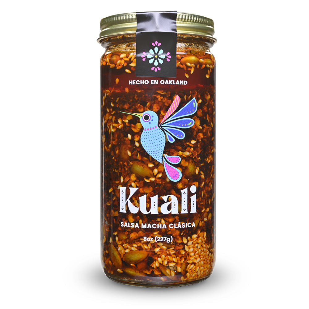 Clear glass jar of Kuali Salsa Macha Clasica