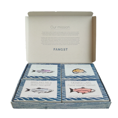 Open gift box of FANGST tinned fish