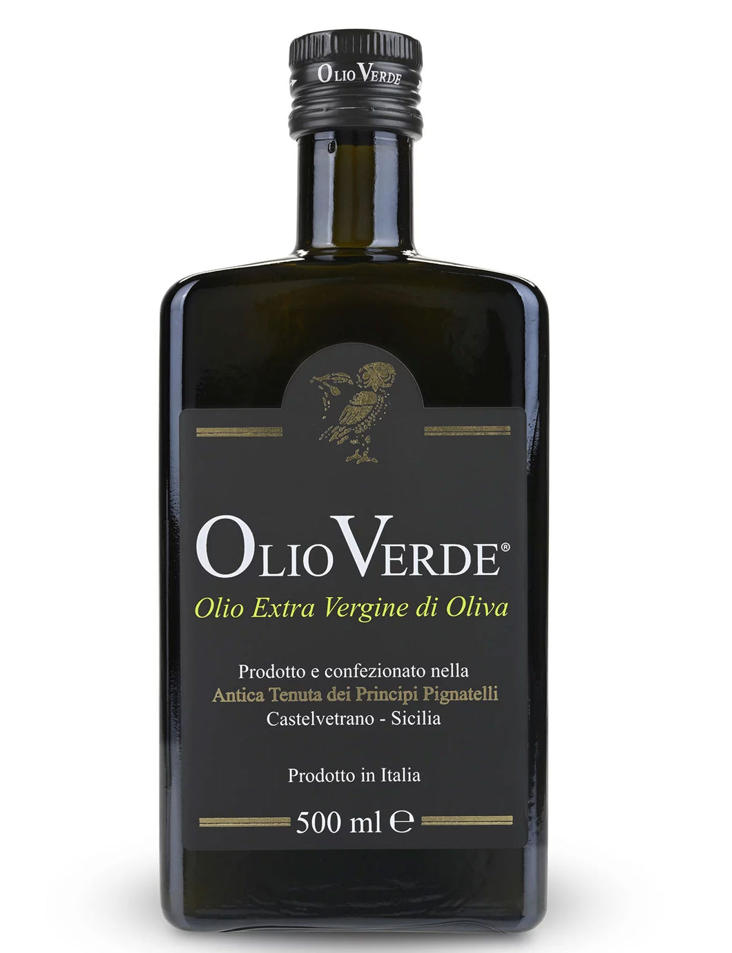 Black square-shaped bottle of Olio Verde Extra Virgin Olive Oil