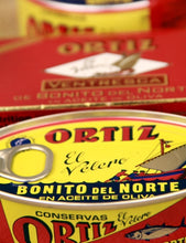 Close-up of Spanish Ortiz tinned tuna in olive oil