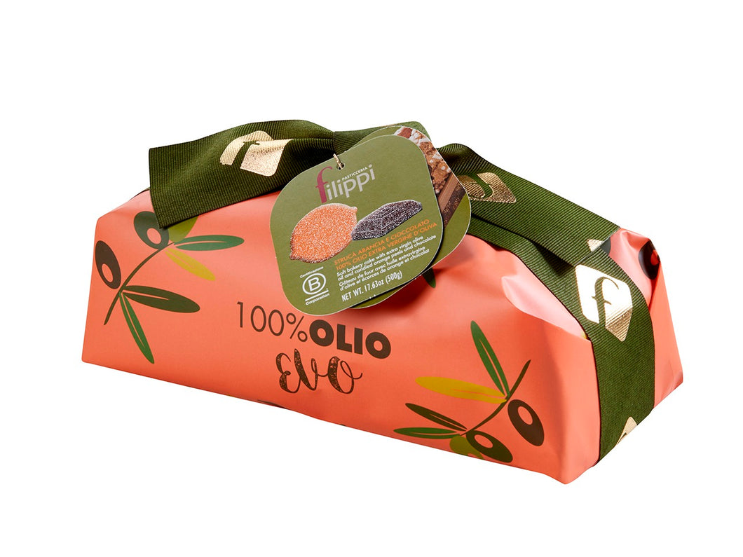 Filippi Chocolate & Orange Struca Cake wrapped in orange packaging with a green bow