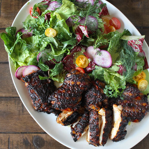 Grilled Harissa Chicken Salad with Green Tahini Dressing