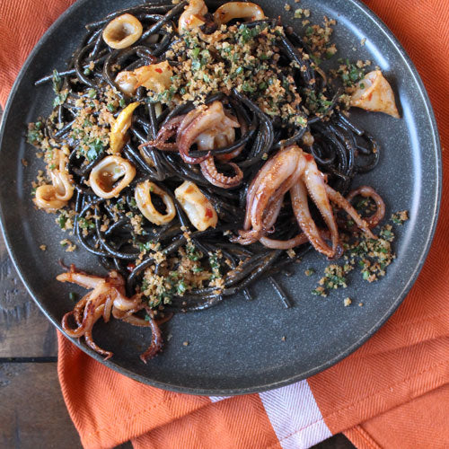 Pasta with Squid, Harissa & Herby Bread Crumbs
