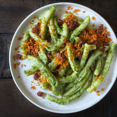 Strozzapreti Pasta with Green Pea Pesto & Chorizo Breadcrumbs
