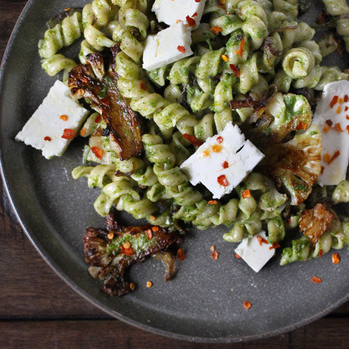 Timilia Busiate Pasta with Parsley Oregano Pesto, Cauliflower & Feta