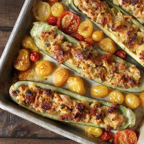 Tuna-Stuffed Zucchini with Burst Cherry Tomatoes