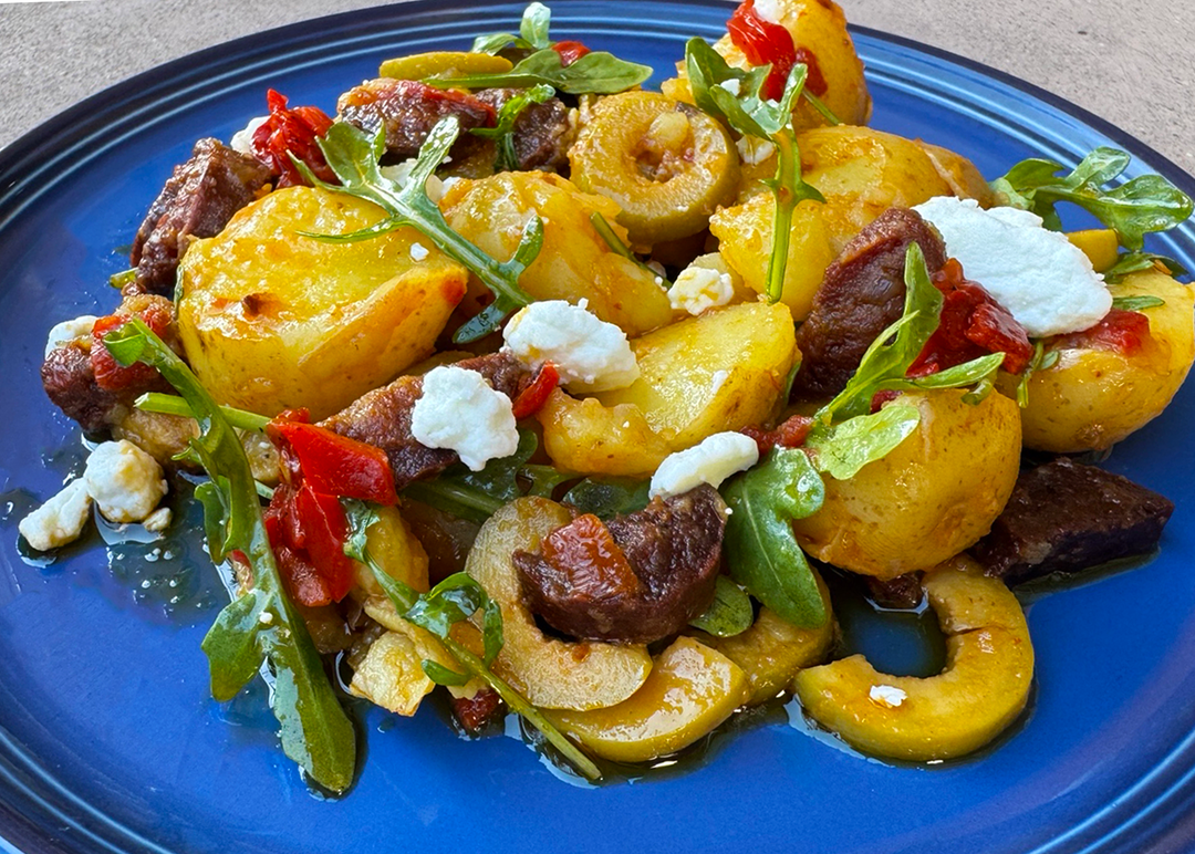 Potato Salad with Spanish Chorizo, Olives and Arugula