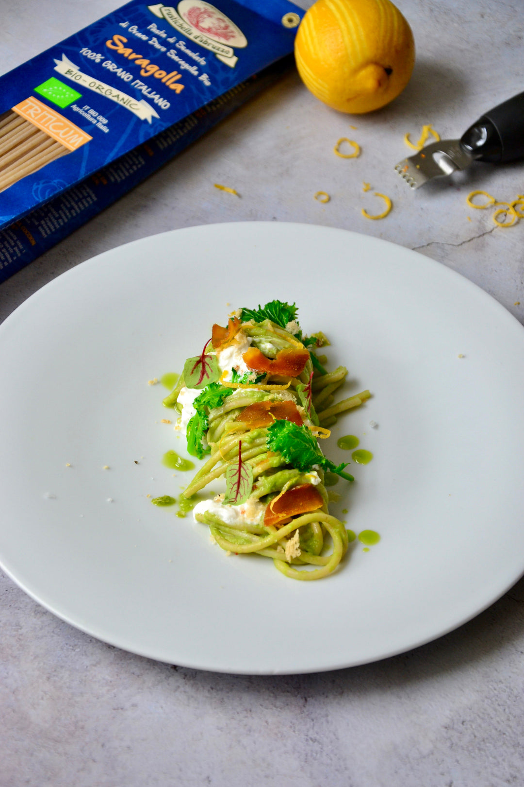 Saragolla Spaghetti with Broccoli Rabe, Burrata & Bottarga