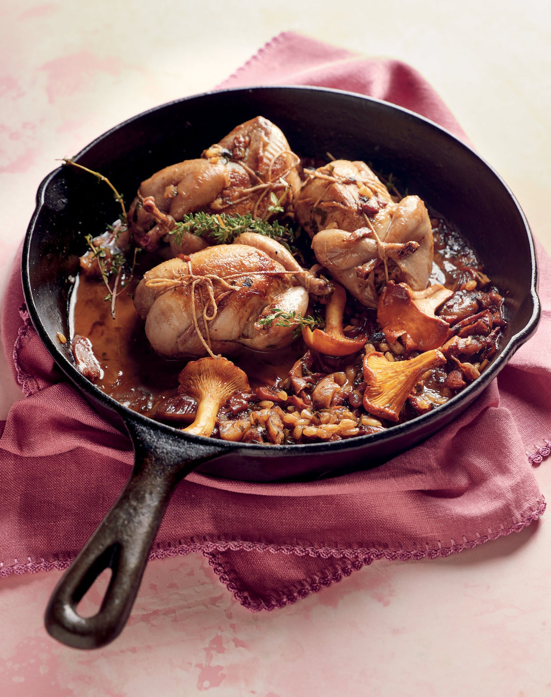 Farro & Porcini-Filled Quail with Chanterelles & Chestnut Sauce