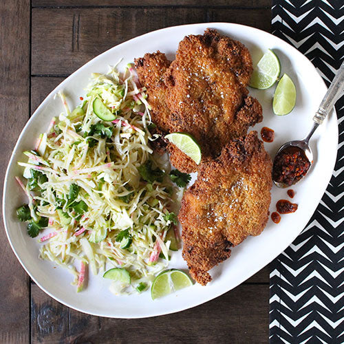 Crispy Sambal Chicken Cutlets with Cabbage Salad