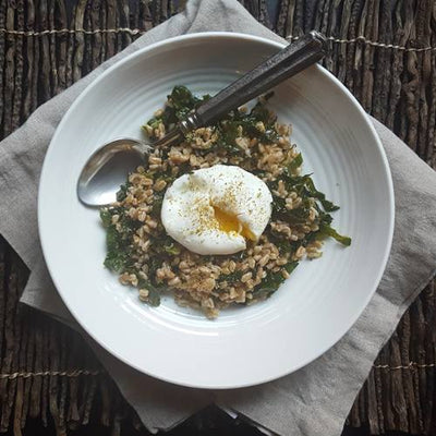 Farro with Greens, Poached Eggs & Fennel Pollen