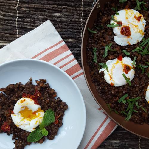 Lentil Ragù with Poached Eggs, Chiles & Mint