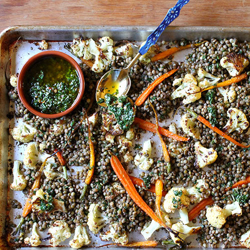 Umbrian Lentils with Roasted Cauliflower, Carrots & Carrot Top Chimichurri