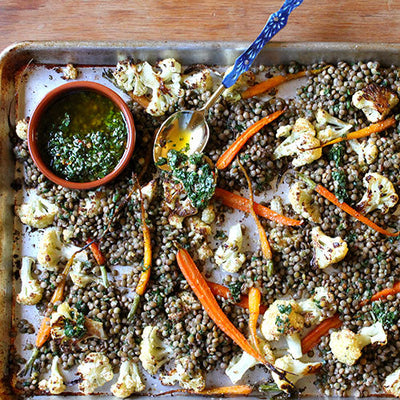Umbrian Lentils with Roasted Cauliflower, Carrots & Carrot Top Chimichurri