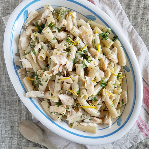 Organic Saragolla Rigatoncini with Grilled Branzino & Capers