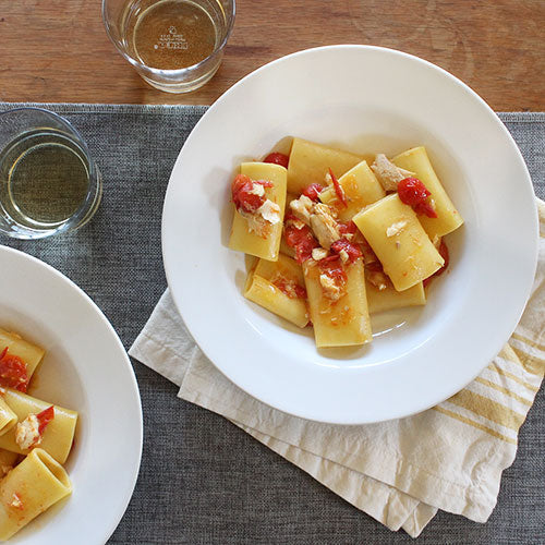 Paccheri Pasta with Dorade, Burst Cherry Tomato & Saffron Sauce