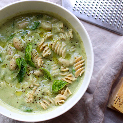 Pesto Soup with Pasta, Beans and Greens