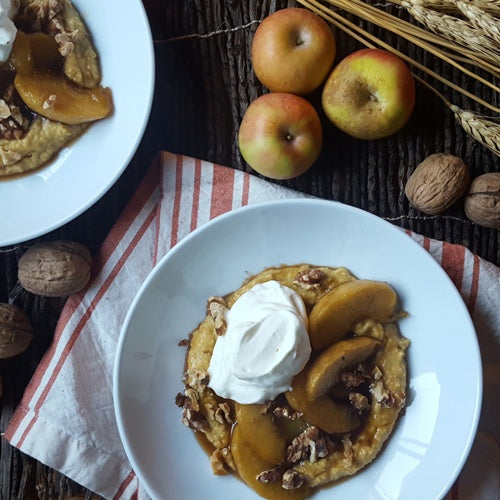 Pumpkin Polenta Budino with Caramelized Apples & Walnuts