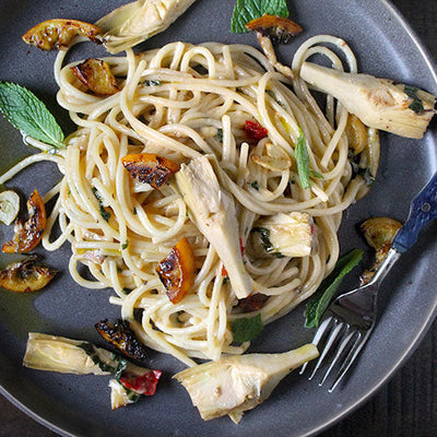 Senatore Cappelli Spaghetti with Caramelized Lemons, Artichokes & Mint