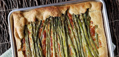 Asparagus crostata on a sheet pan
