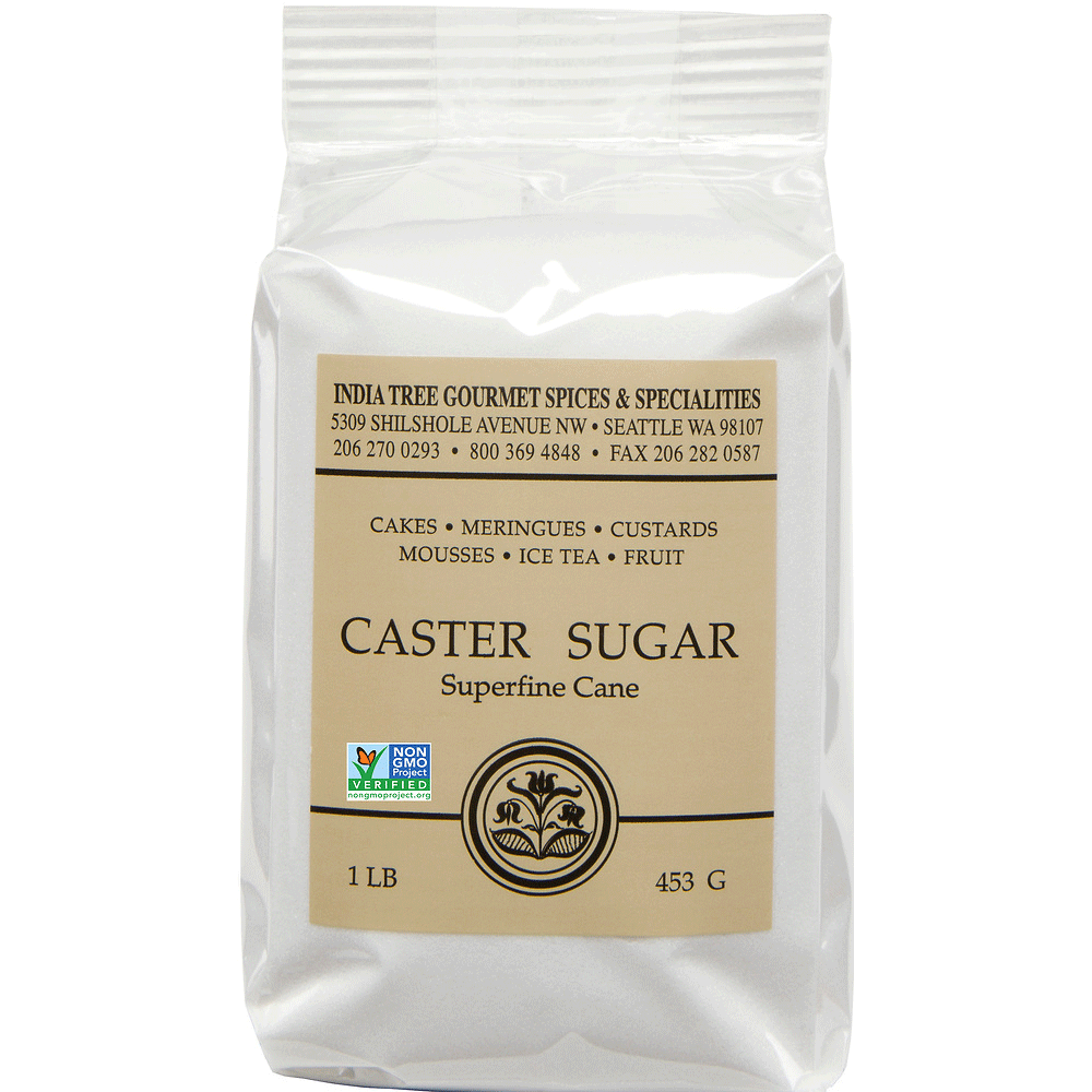 A package of India Tree caster sugar, superfine cane, weighing 1 pound (453 grams).