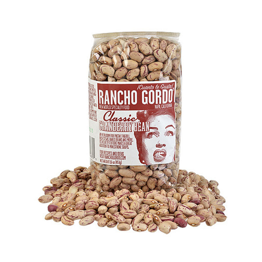 Bag of Rancho Gordo classic cranberry beans on a white background