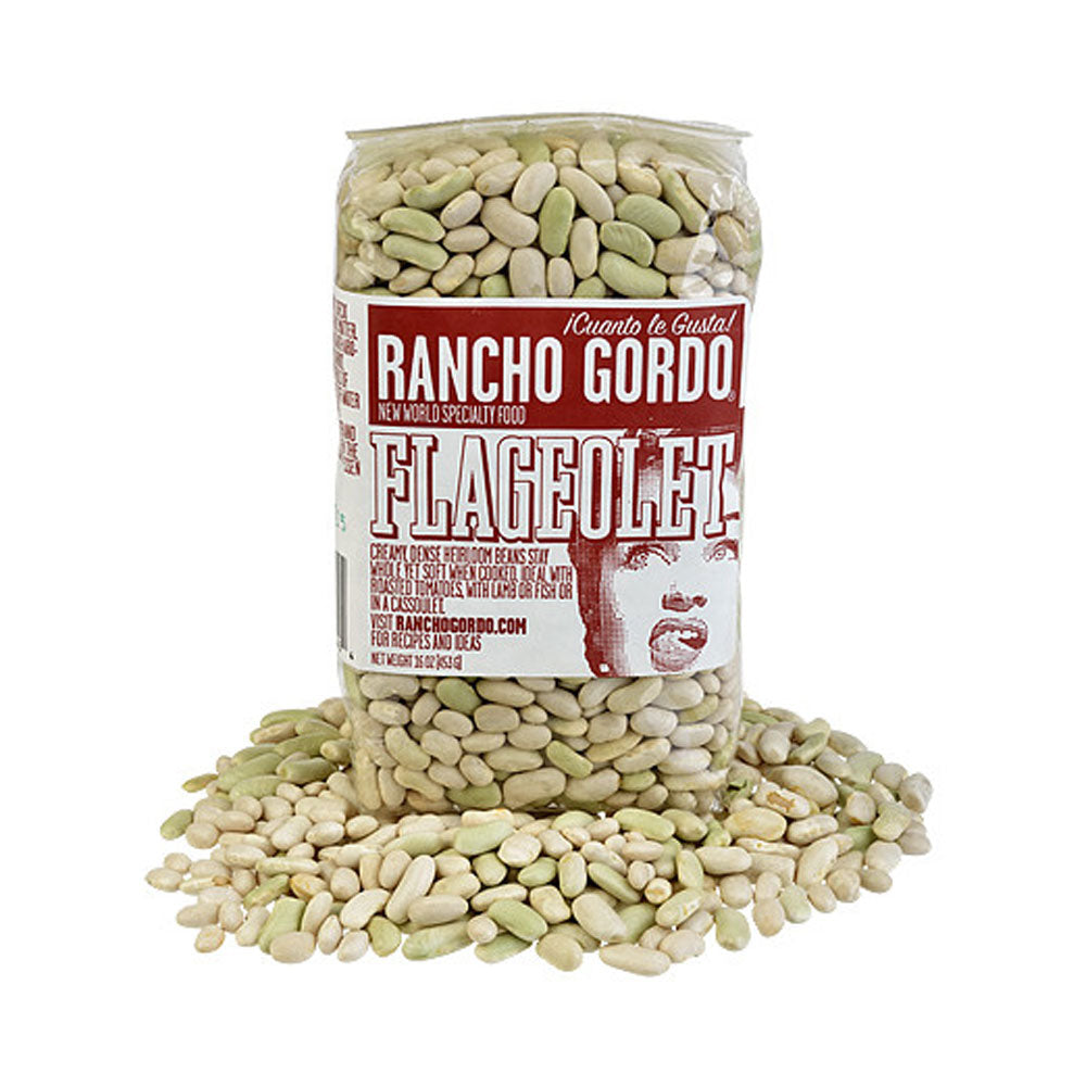 Bag of Rancho Gordo Flageolet beans on a white background