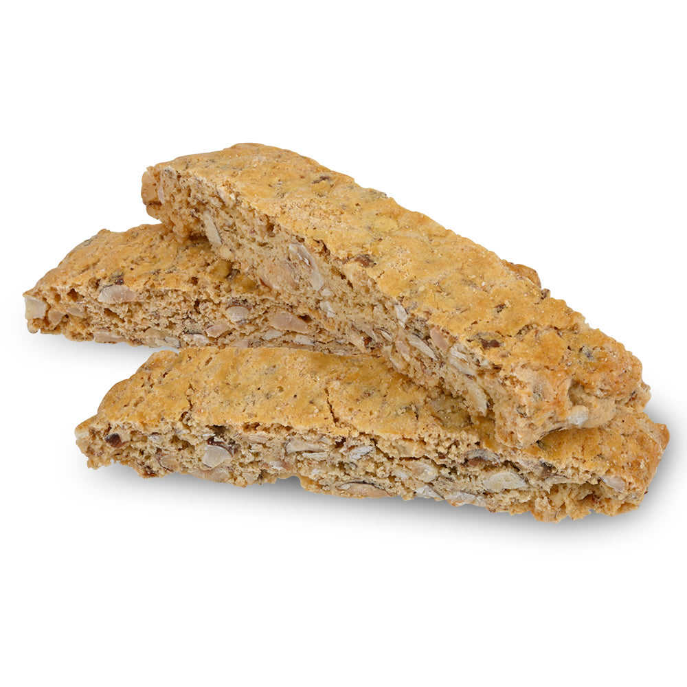 Up close of three Housemade Biscotti with pieces of almonds and hazelnuts